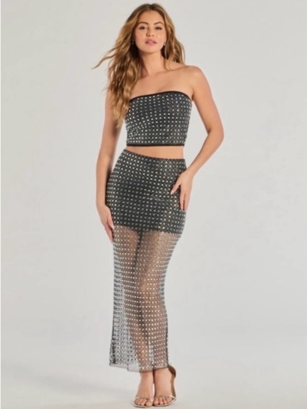 Windsor Sheer Black Silver Rhinestone Sequin Maxi Skirt Festival Costume Sz XS